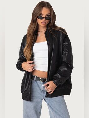 Edikted Faux Leather Oversized Bomber Jacket